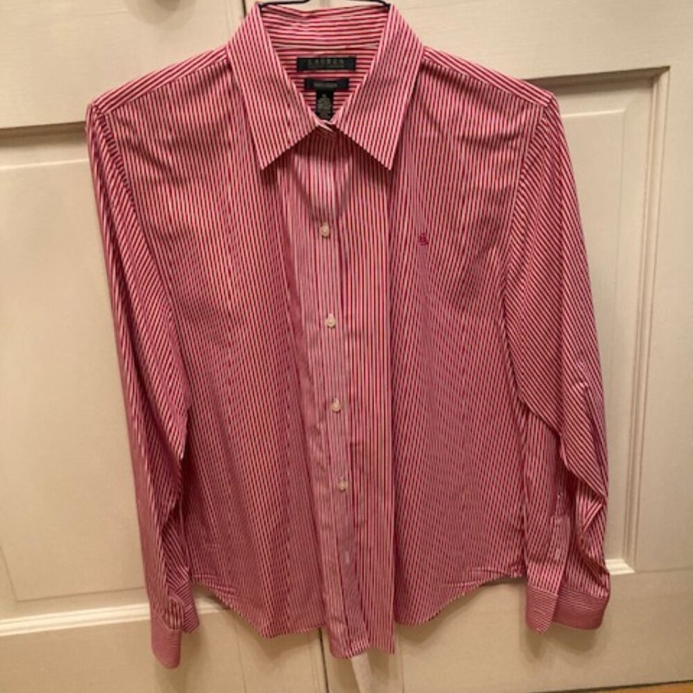 Ralph Lauren Magenta and White Strip Blouse XL